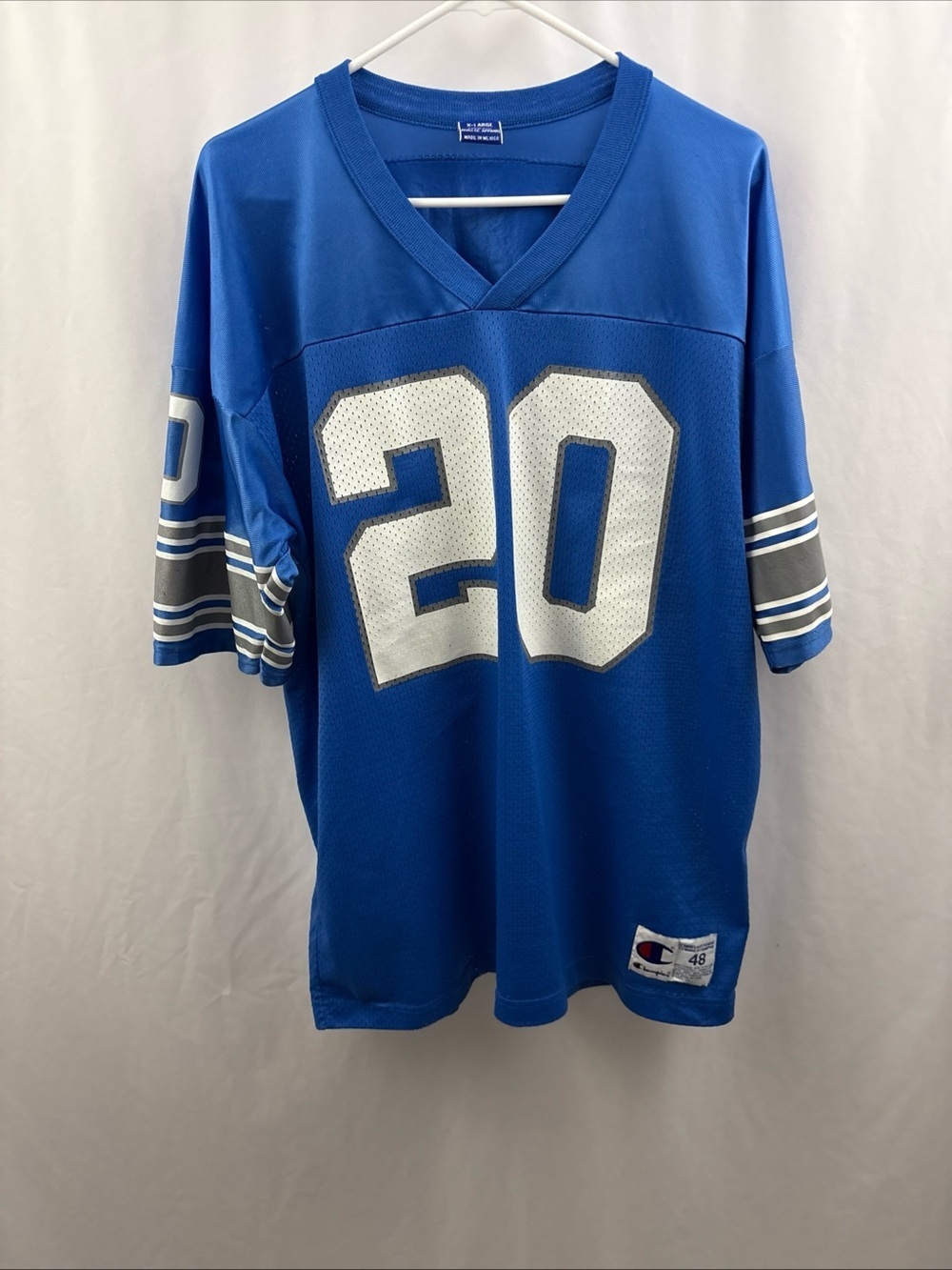 Vintage Detroit Lions Jersey Mens 48 Blue NFL Football Barry Sanders Champion